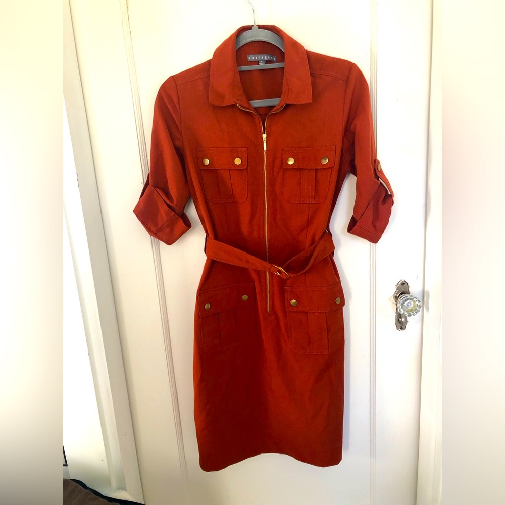 Sharagano Zip-Front Orange Dress w/ Cargo Pockets